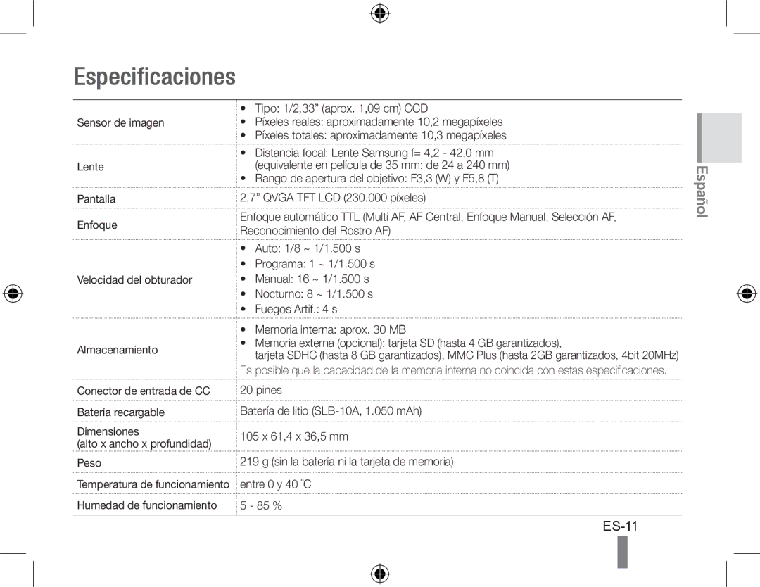 Samsung WB500 quick start manual Especificaciones 