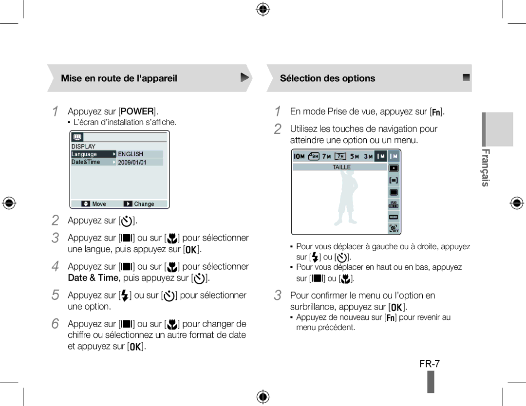 Samsung WB500 quick start manual Mise en route de lappareil, Sélection des options 