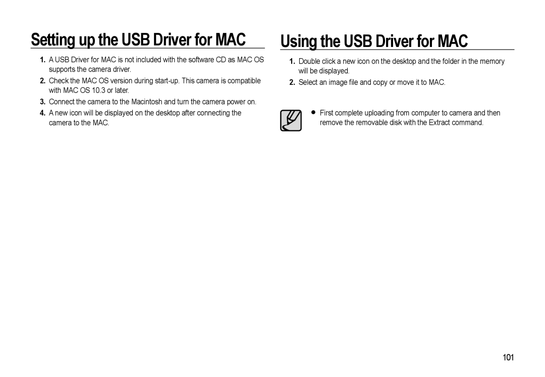 Samsung WB500 manual Setting up the USB Driver for MAC, Using the USB Driver for MAC, 101 