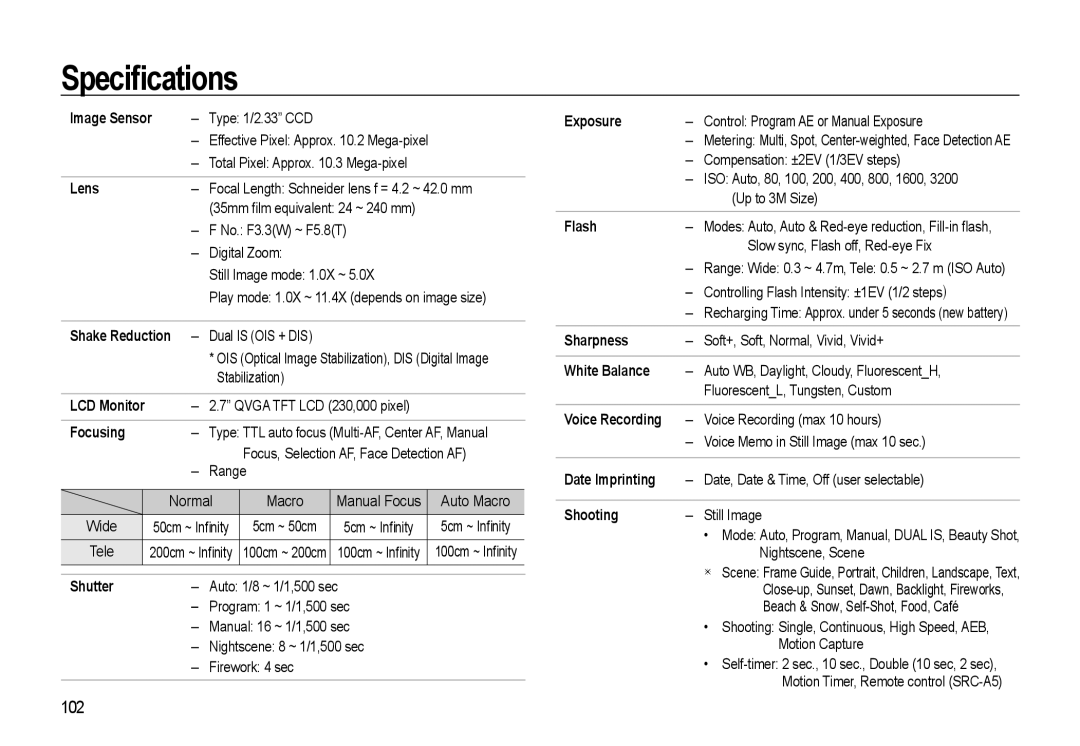 Samsung WB500 manual SpeciÀcations, 102 
