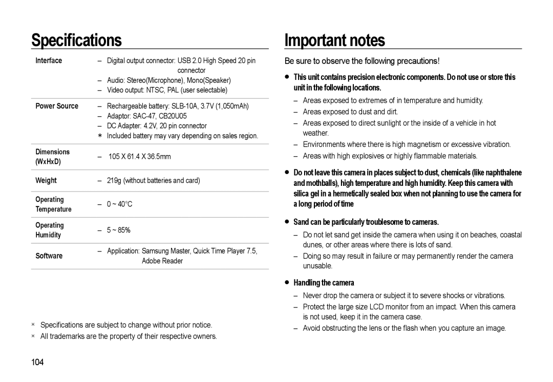 Samsung WB500 manual Important notes, Be sure to observe the following precautions, Handling the camera, 104 