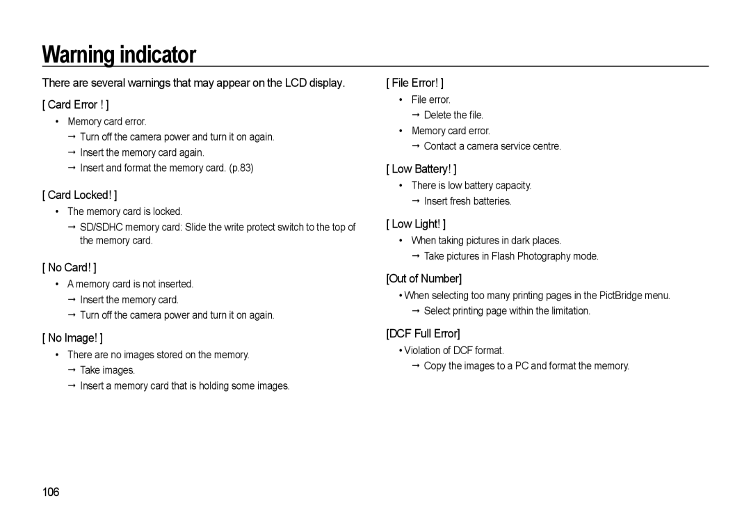 Samsung WB500 manual Card Locked, No Card, No Image, File Error, Low Battery, Low Light, Out of Number, DCF Full Error, 106 