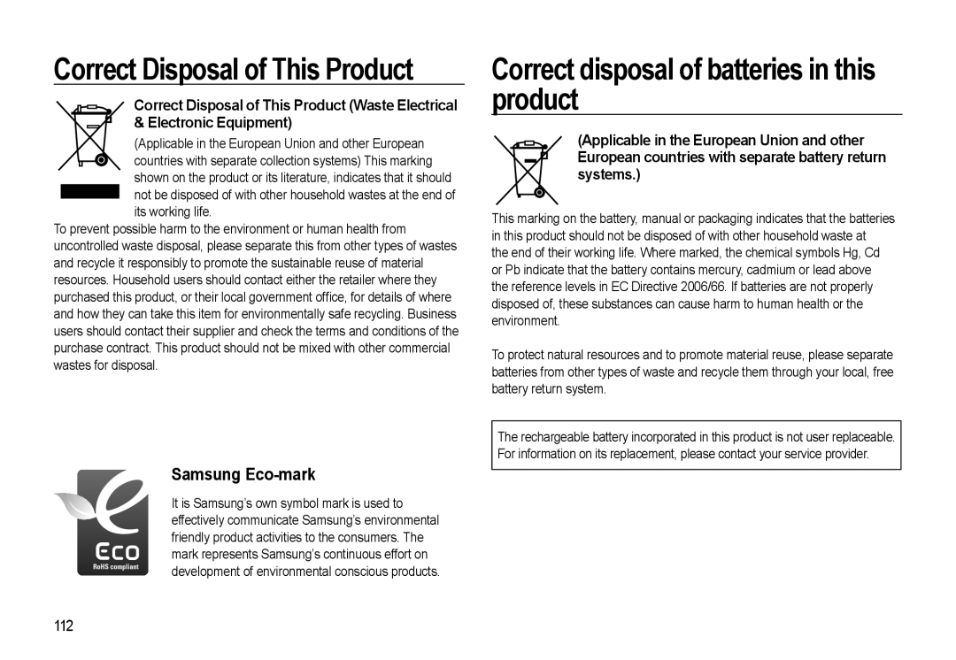 Samsung WB500 manual Correct Disposal of This Product, Correct disposal of batteries in this product, 112, Its working life 
