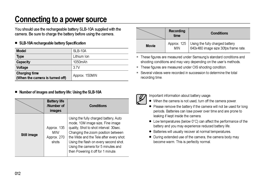 Samsung WB500 manual Connecting to a power source, „ SLB-10A rechargeable battery SpeciÀcation, 012 