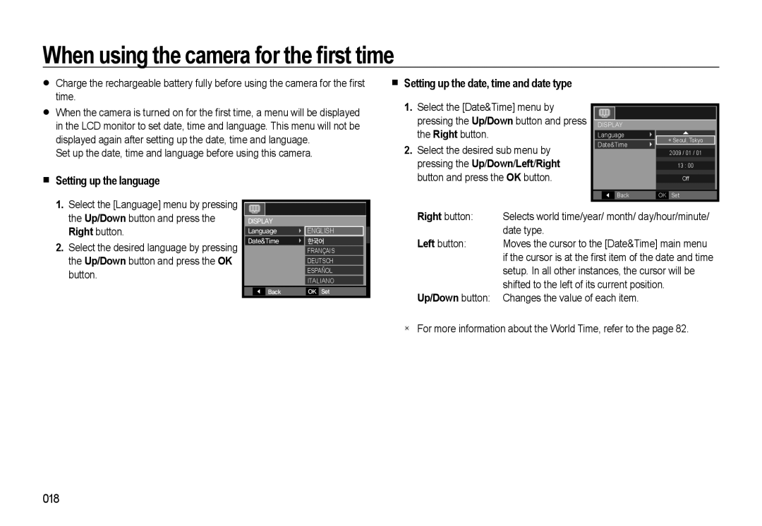 Samsung WB500 manual When using the camera for the Àrst time, „ Setting up the language, 018, Up/Down button 