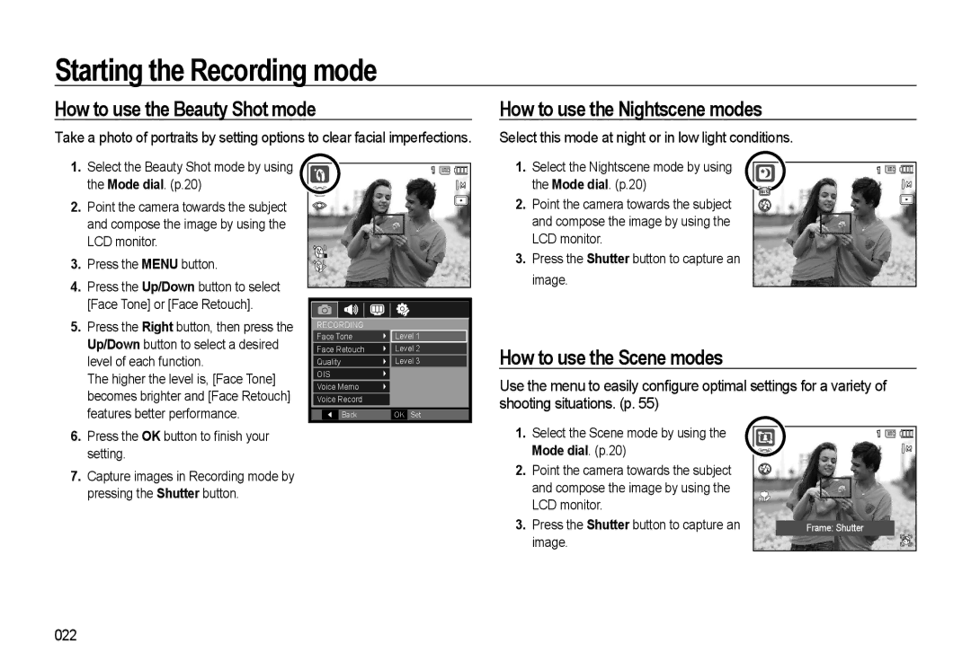 Samsung WB500 manual How to use the Beauty Shot mode, How to use the Nightscene modes, How to use the Scene modes, 022 