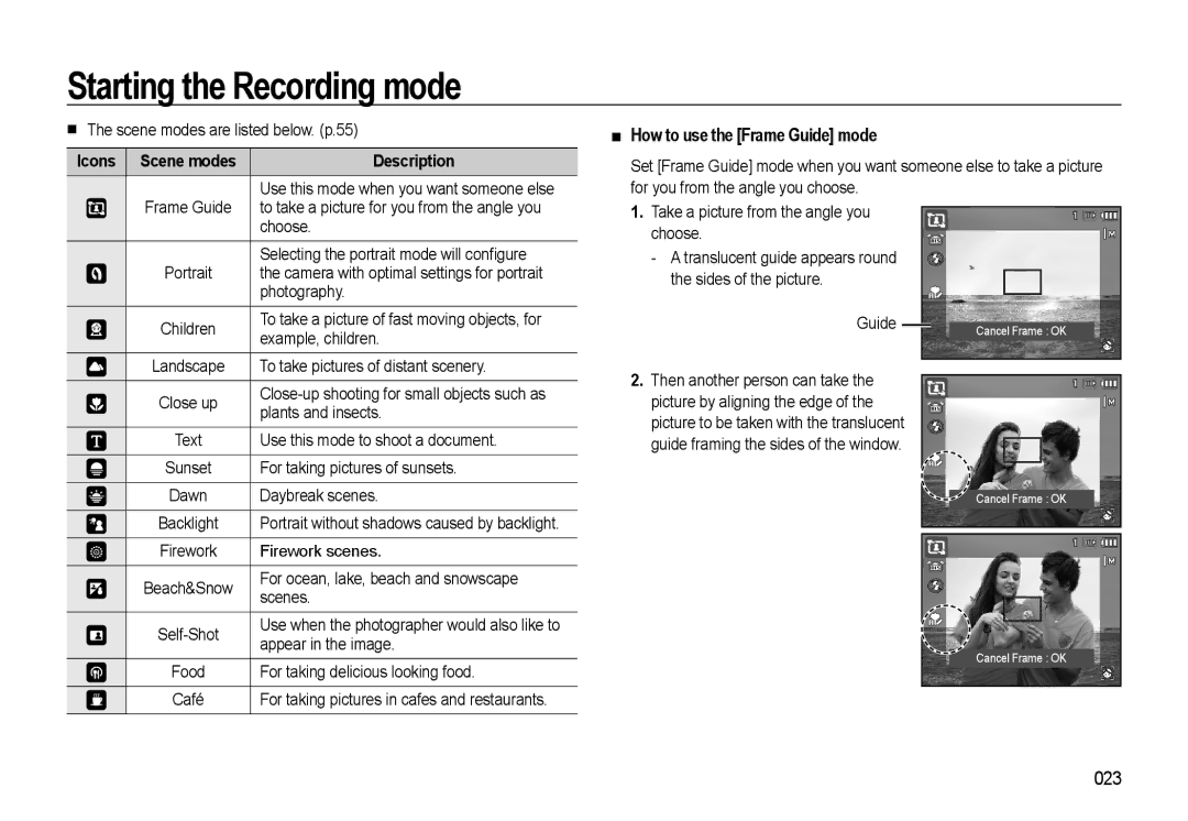 Samsung WB500 manual „ How to use the Frame Guide mode, 023, Icons Scene modes Description 