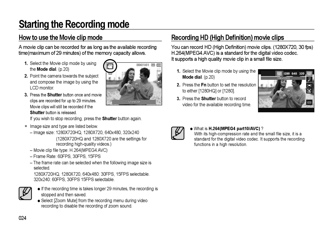 Samsung WB500 manual How to use the Movie clip mode, Recording HD High DeÀnition movie clips, 024 