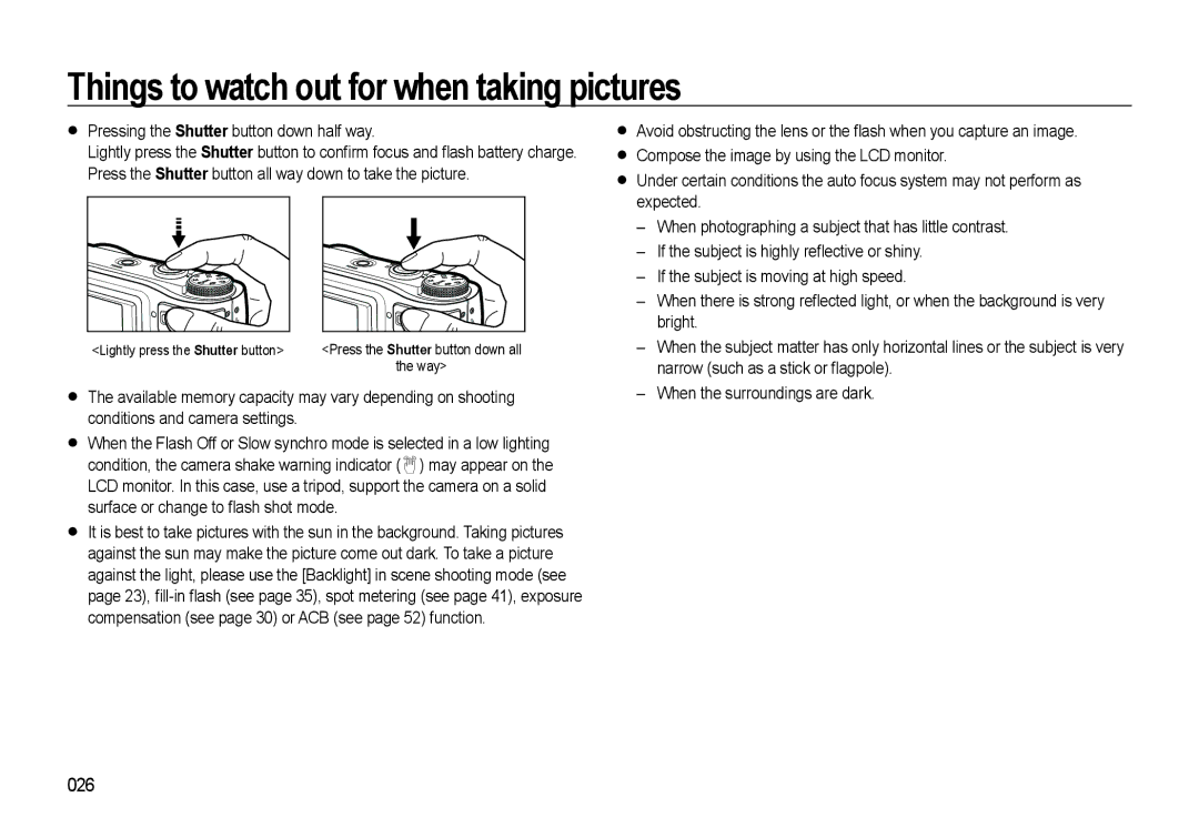 Samsung WB500 manual Things to watch out for when taking pictures, 026, Pressing the Shutter button down half way 