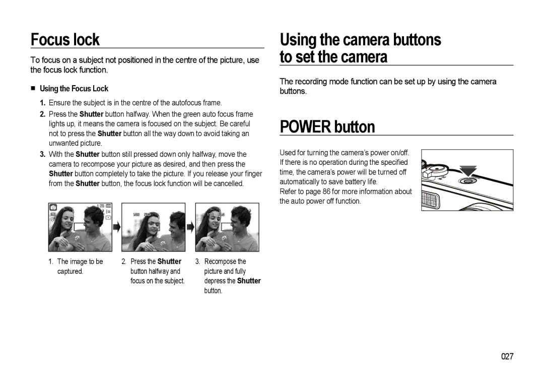 Samsung WB500 manual Focus lock, Power button, „ Using the Focus Lock, 027 