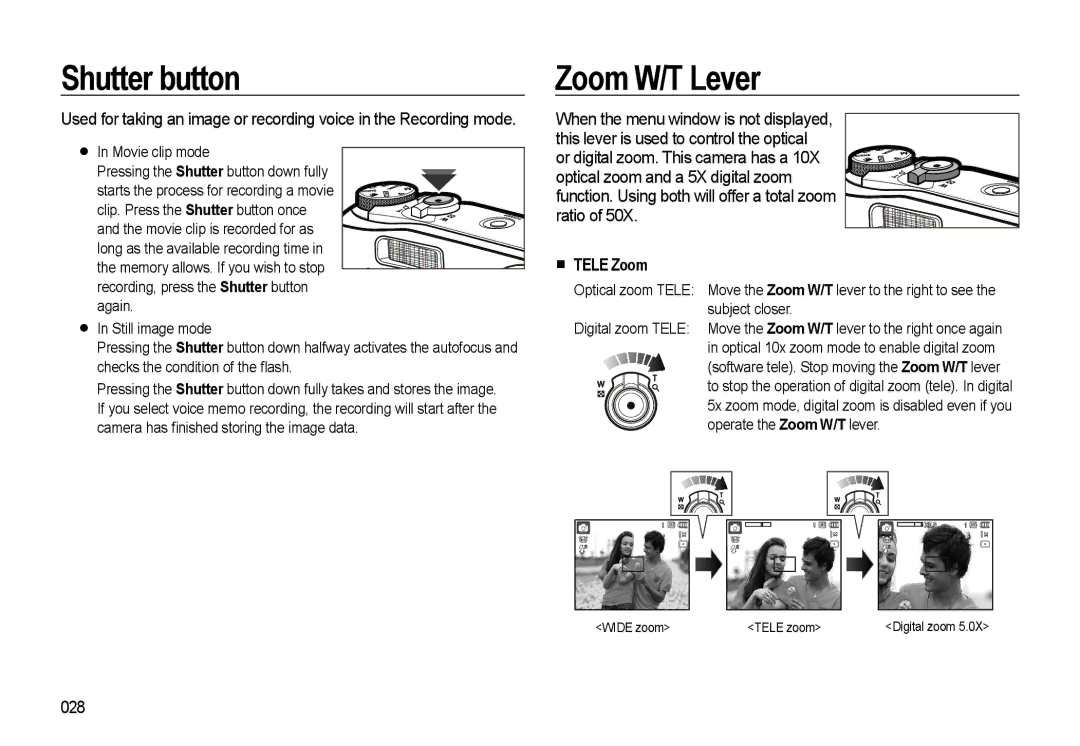 Samsung WB500 manual Shutter button, Zoom W/T Lever, „ Tele Zoom, 028 