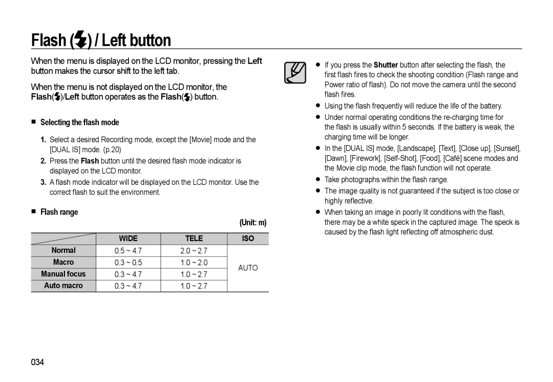 Samsung WB500 manual Flash / Left button, „ Selecting the Áash mode, „ Flash range Unit m, 034 