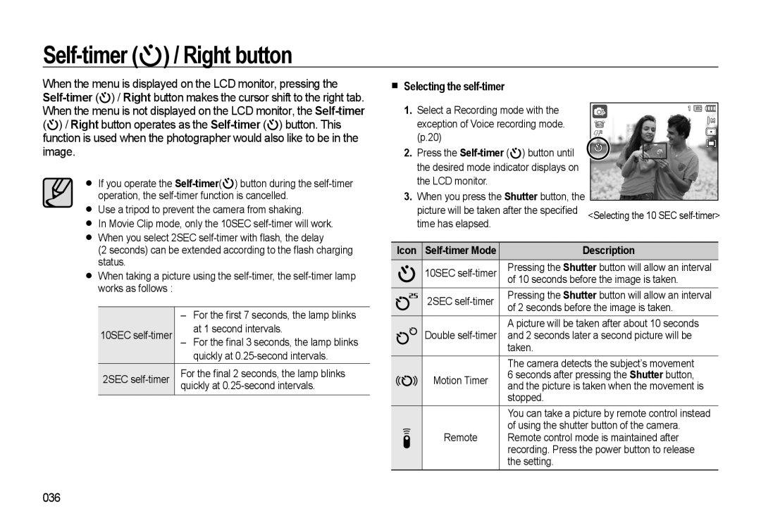 Samsung WB500 manual Self-timer / Right button, „ Selecting the self-timer, 036, Icon 