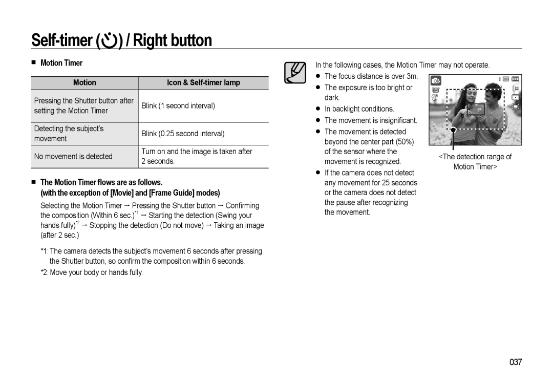 Samsung WB500 manual „ Motion Timer, 037, Motion Icon & Self-timer lamp 