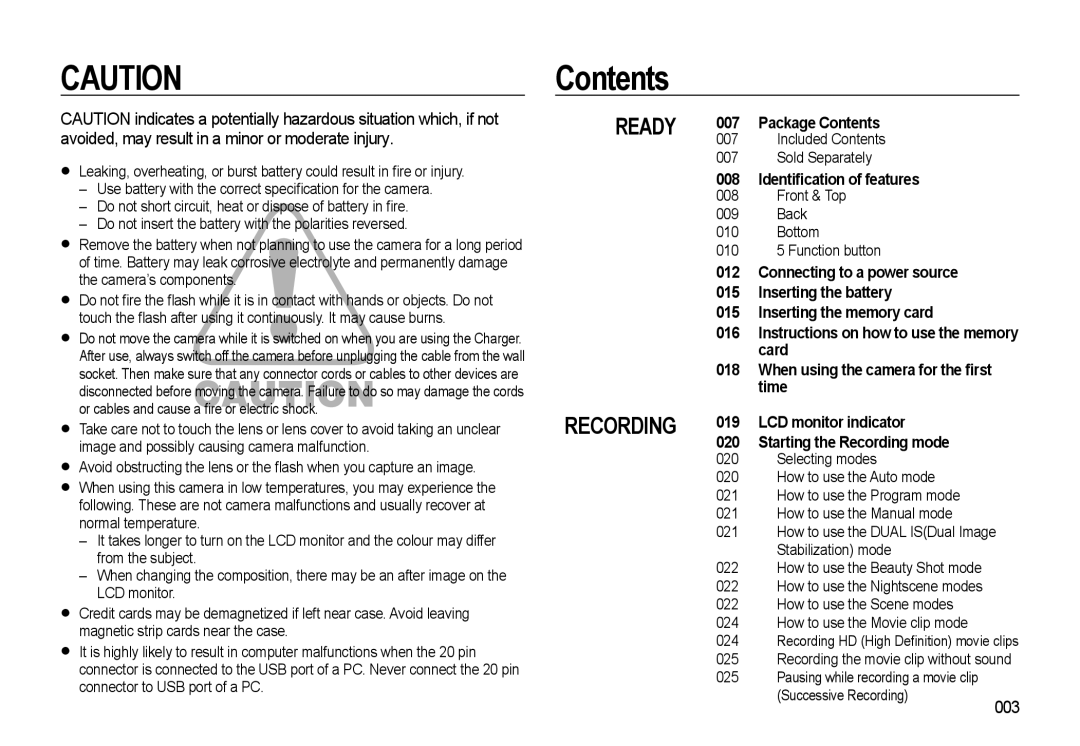 Samsung WB500 manual Contents 