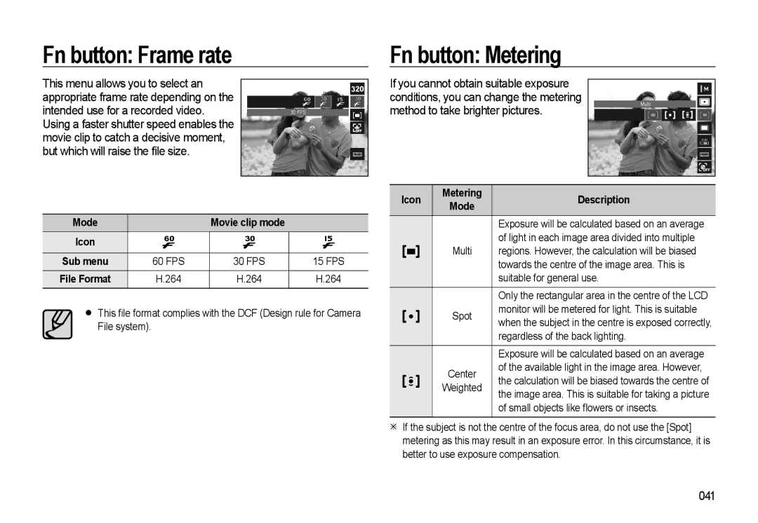 Samsung WB500 manual Fn button Frame rate Fn button Metering, 041, Icon Metering Description 