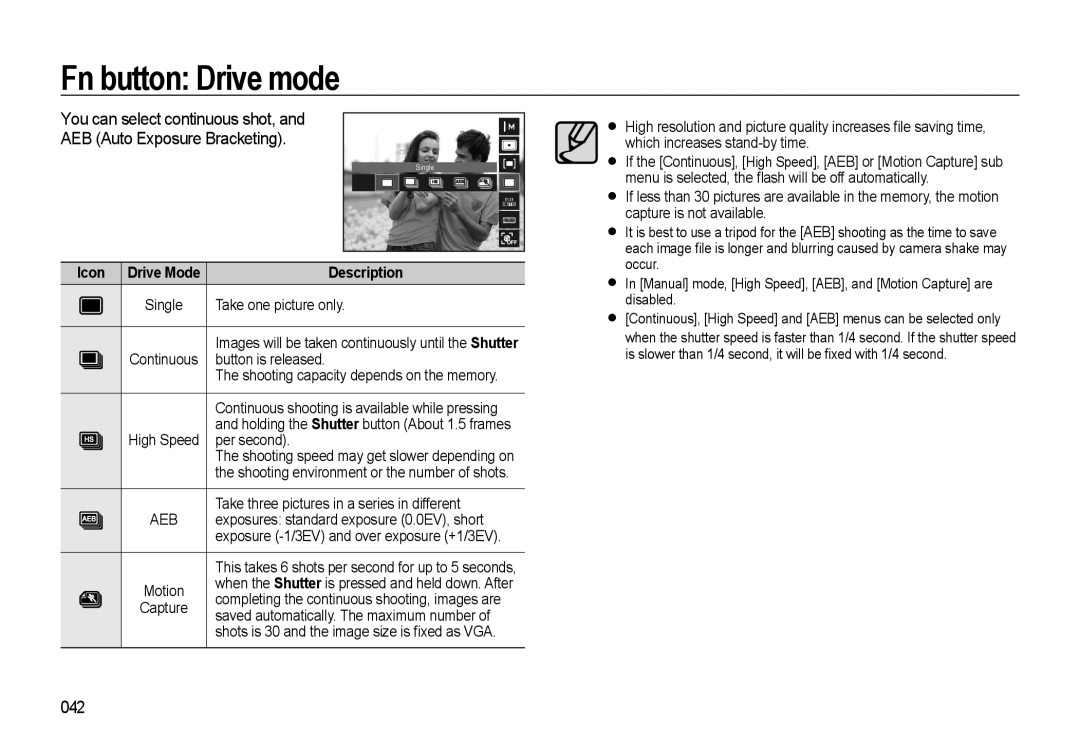 Samsung WB500 manual Fn button Drive mode, You can select continuous shot, AEB Auto Exposure Bracketing, 042 