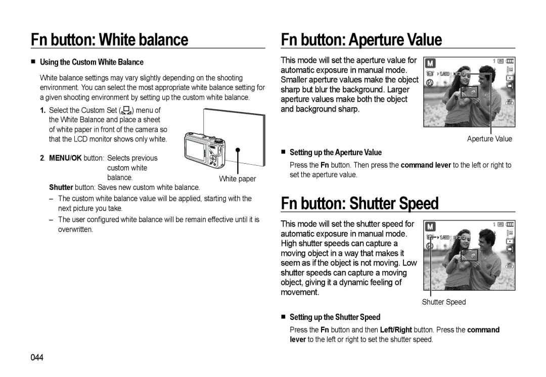 Samsung WB500 Fn button White balance Fn button Aperture Value, Fn button Shutter Speed, „ Using the Custom White Balance 
