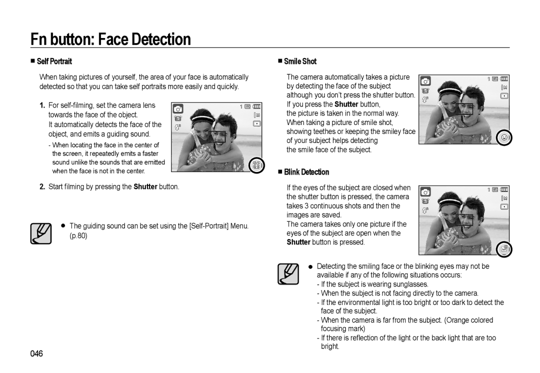 Samsung WB500 manual „ Self Portrait, 046, „ Smile Shot, „ Blink Detection 