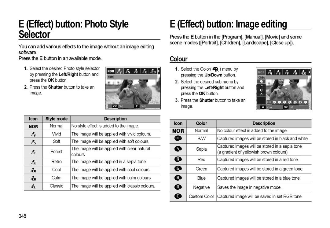 Samsung WB500 Effect button Photo Style Selector, Effect button Image editing, Colour, 048, Icon Style mode Description 
