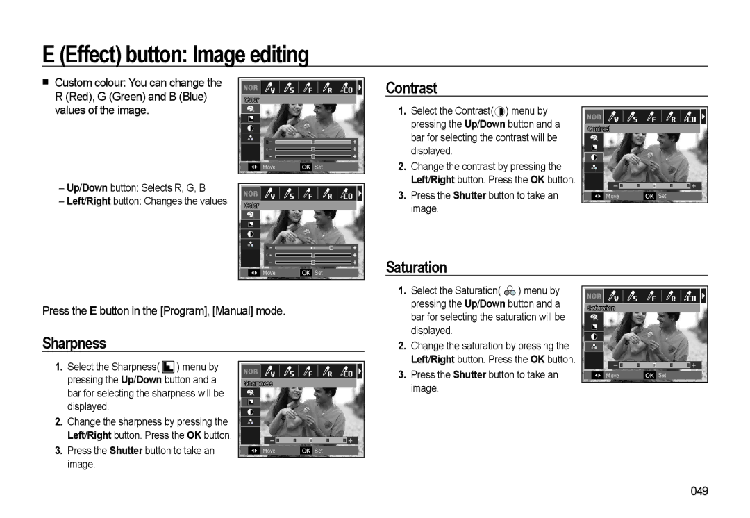 Samsung WB500 manual Contrast, Saturation, Sharpness, Press the E button in the Program, Manual mode, 049 