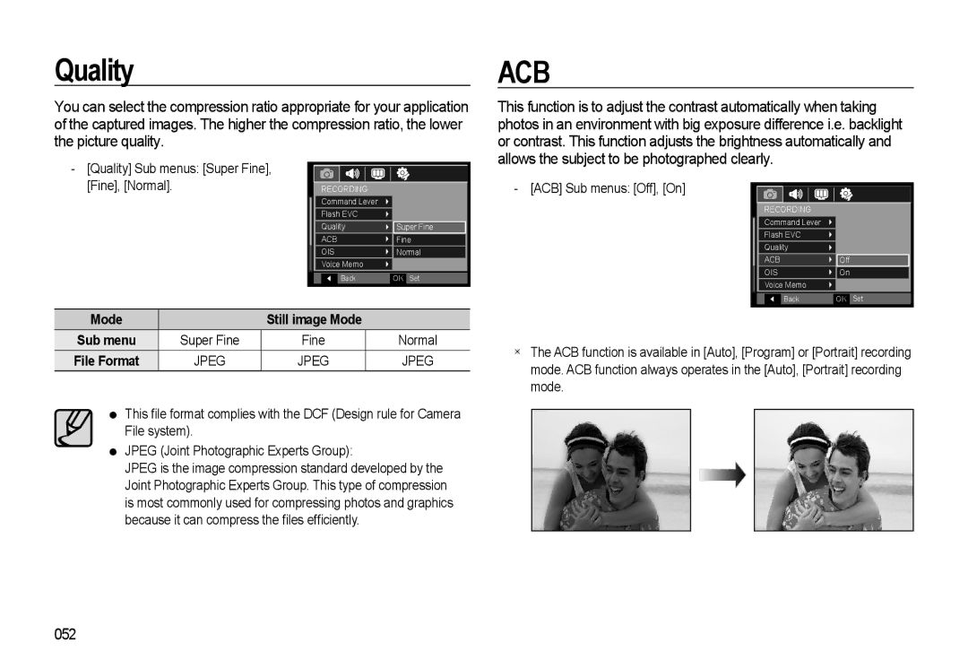 Samsung WB500 manual Quality, 052, ACB Sub menus Off, On 