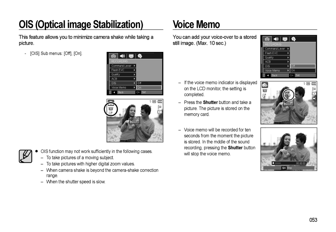 Samsung WB500 manual OIS Optical image Stabilization Voice Memo, 053, OIS Sub menus Off, On 
