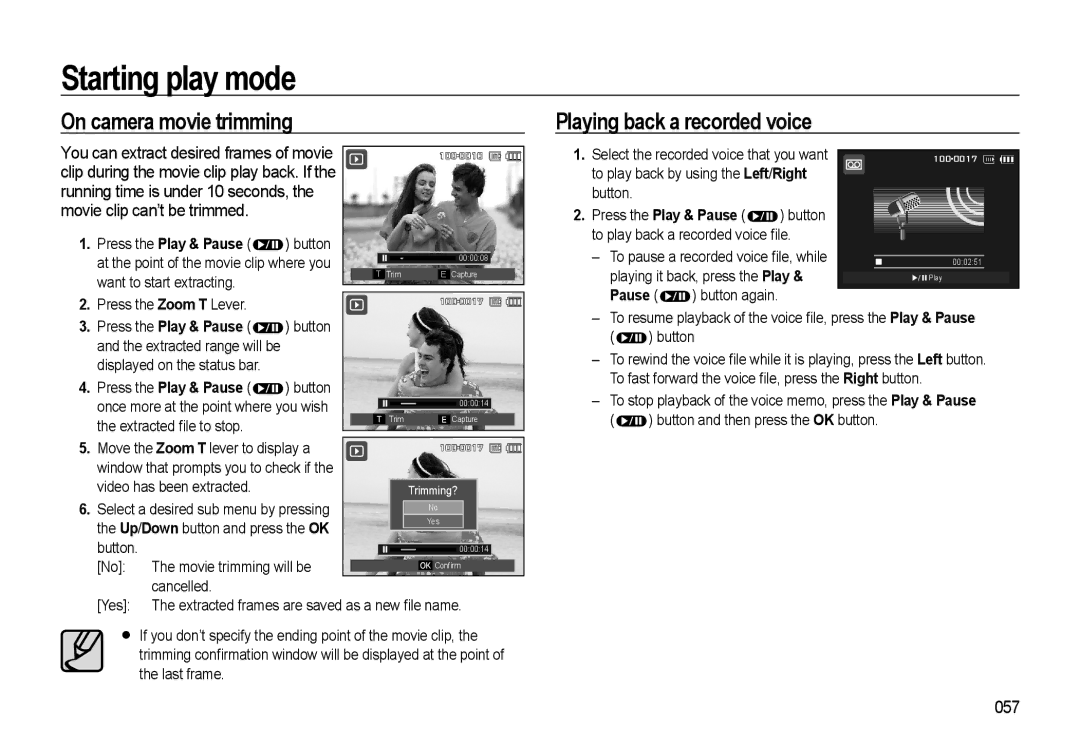 Samsung WB500 On camera movie trimming Playing back a recorded voice, 057, Press the Zoom T Lever, Pause button again 