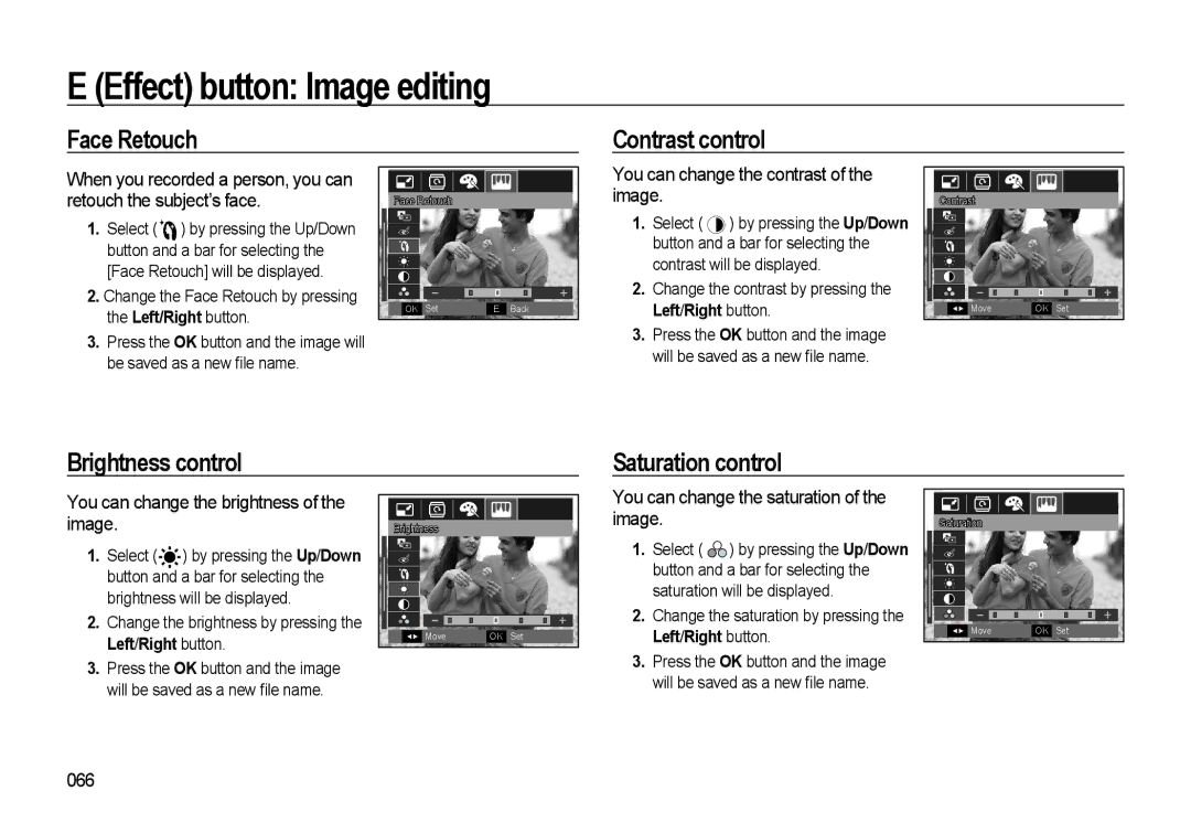 Samsung WB500 manual Face Retouch Contrast control, Brightness control Saturation control 