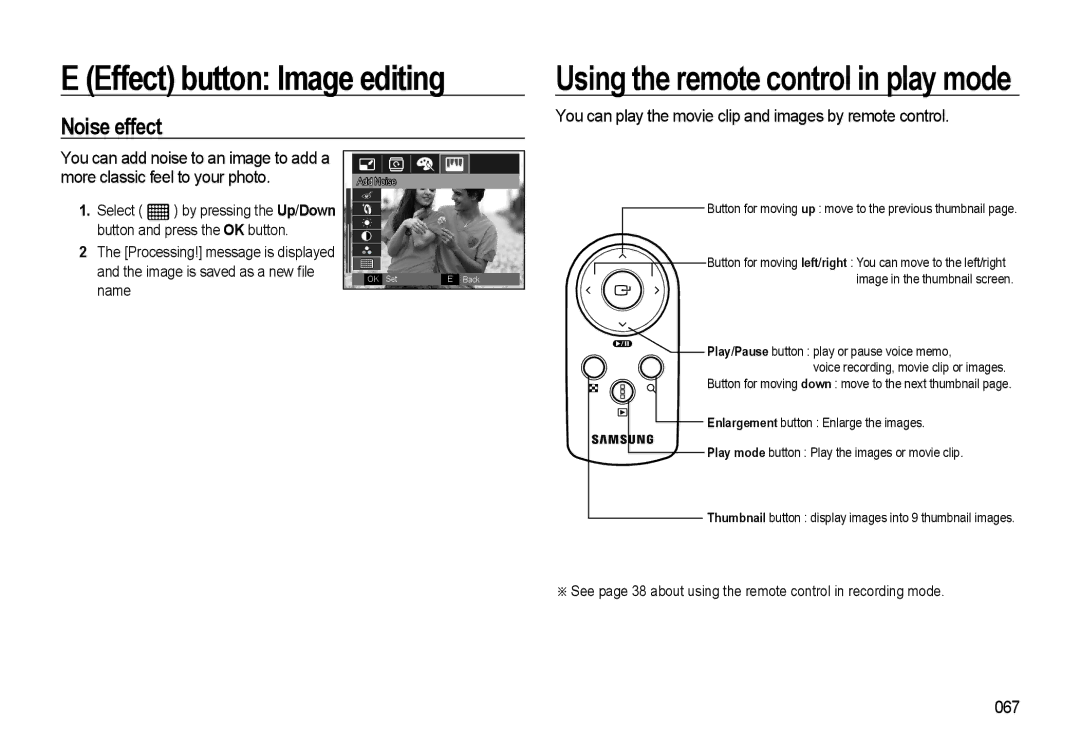 Samsung WB500 manual Using the remote control in play mode, Noise effect, 067 