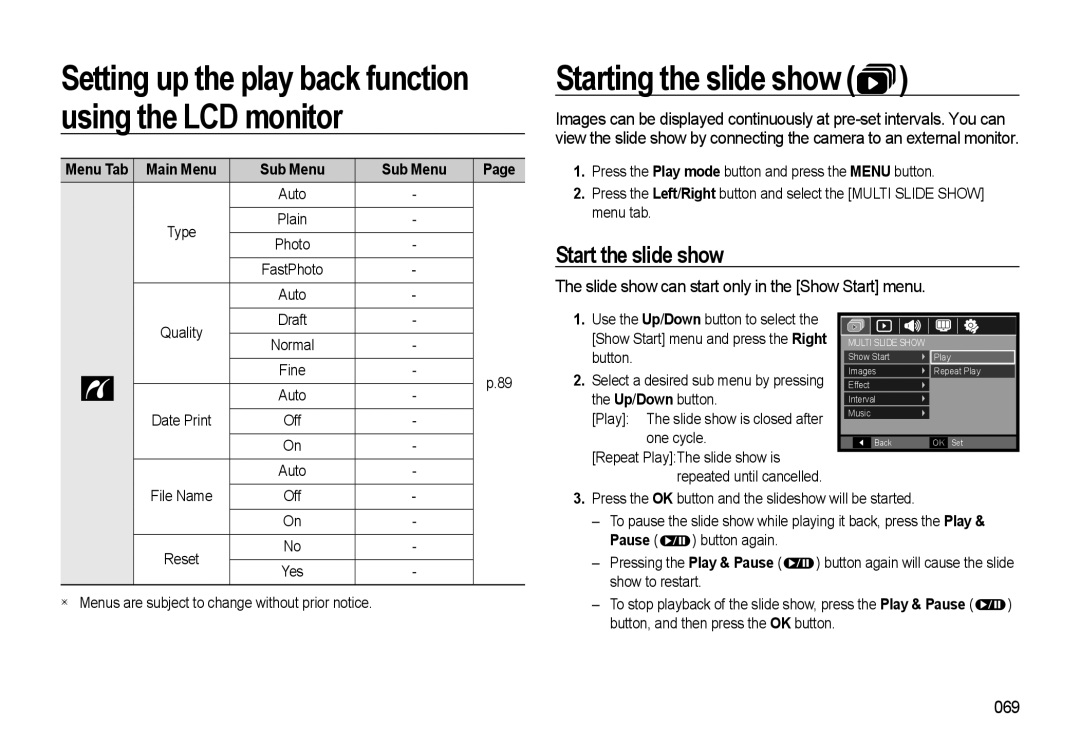 Samsung WB500 manual Starting the slide show, Start the slide show, Slide show can start only in the Show Start menu, 069 