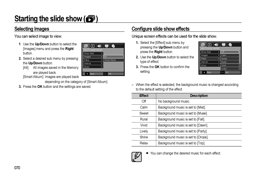 Samsung WB500 manual Selecting Images, ConÀgure slide show effects, You can select image to view, 070 