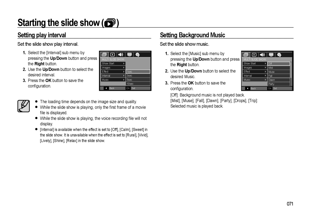 Samsung WB500 Setting play interval, Setting Background Music, Set the slide show play interval, Set the slide show music 