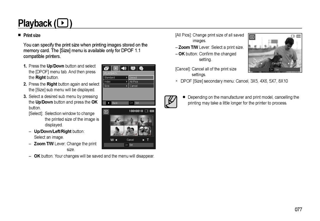 Samsung WB500 manual „ Print size, 077, Up /Down /Left /Right button 