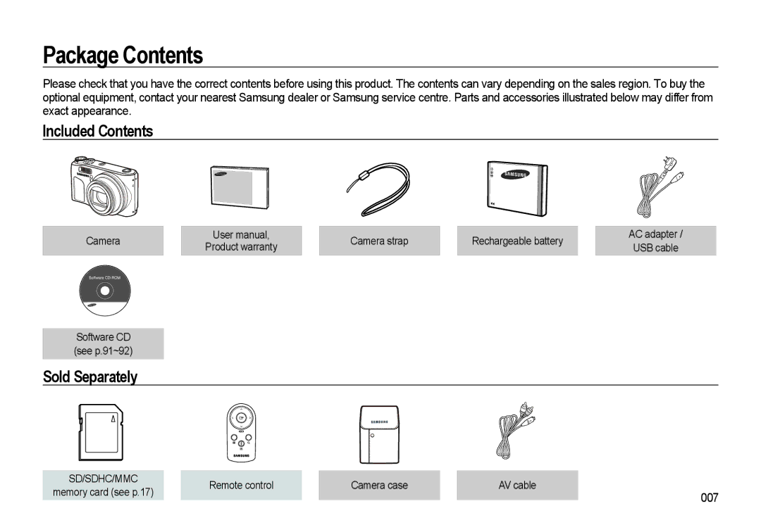 Samsung WB500 manual Package Contents 