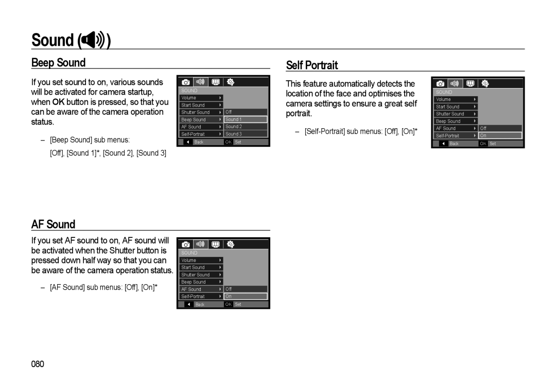 Samsung WB500 manual Beep Sound Self Portrait, AF Sound, 080, Beep Sound sub menus, Off, Sound 1*, Sound 2, Sound 