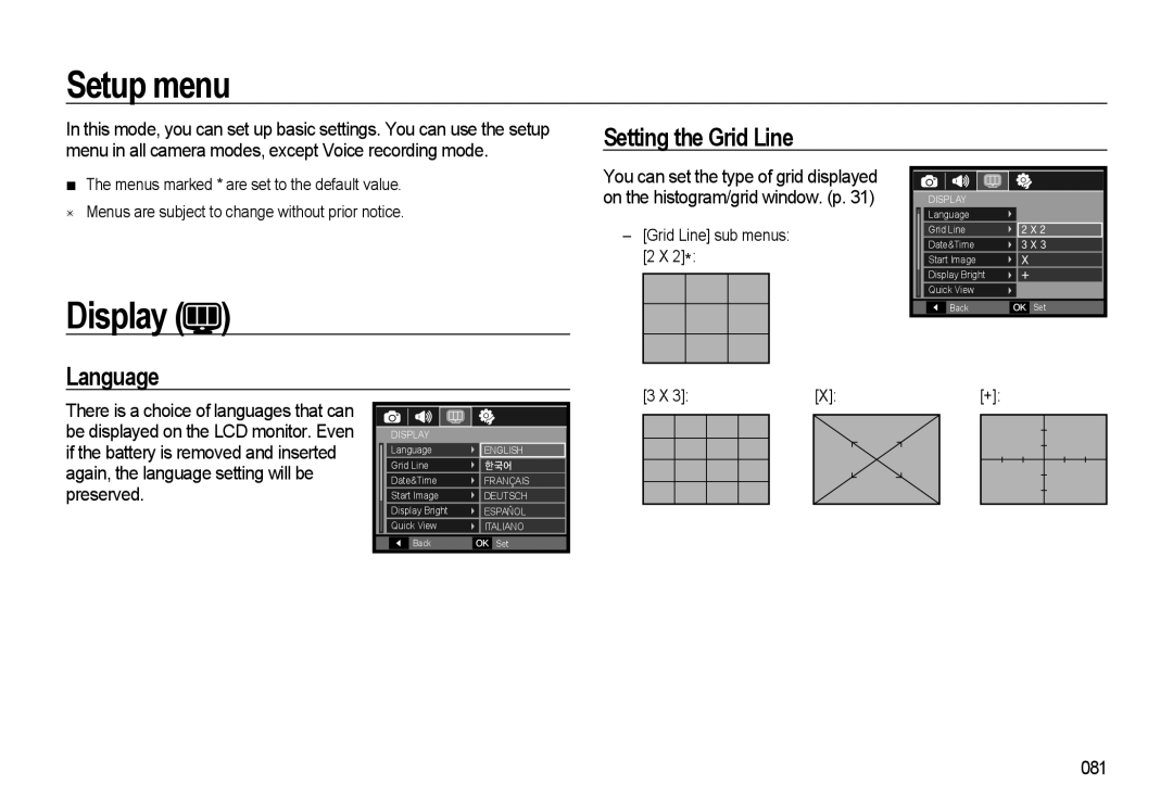 Samsung WB500 manual Setup menu, Display, Setting the Grid Line, Language, 081 