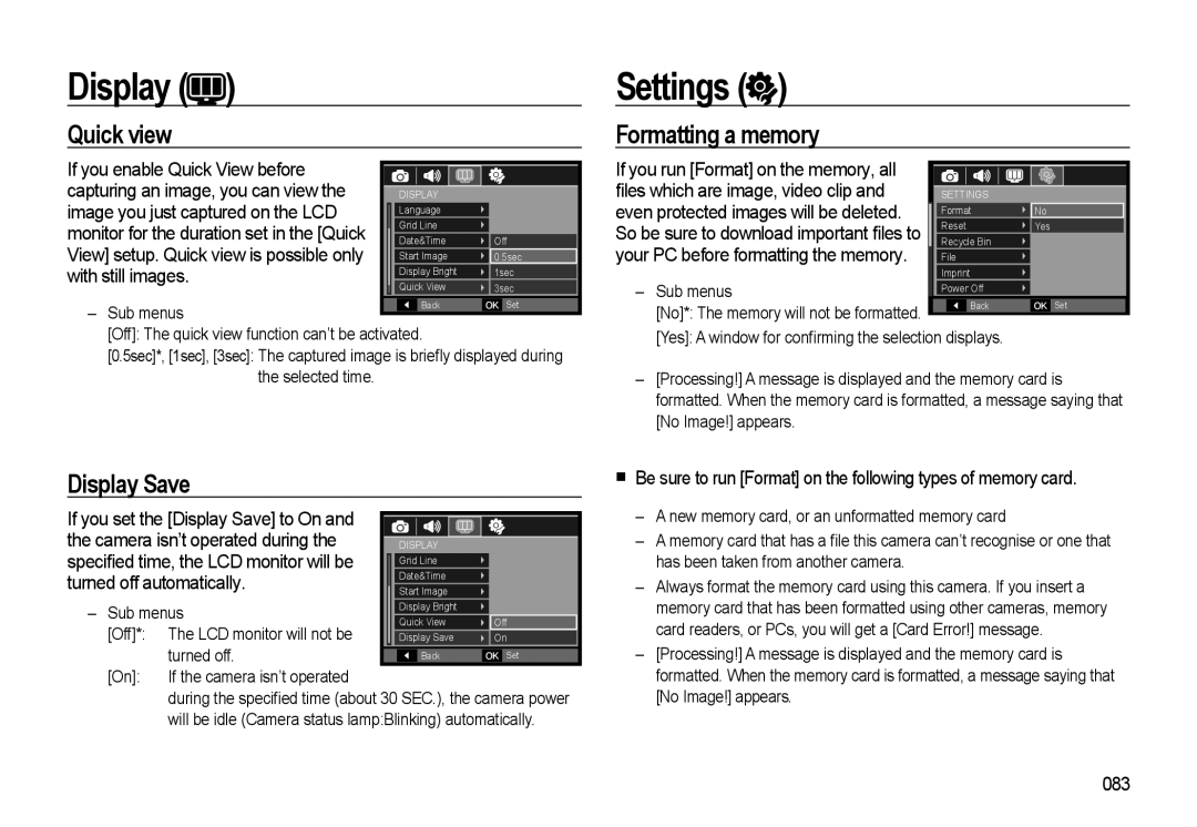 Samsung WB500 manual Settings, Quick view, Formatting a memory, Display Save, 083 