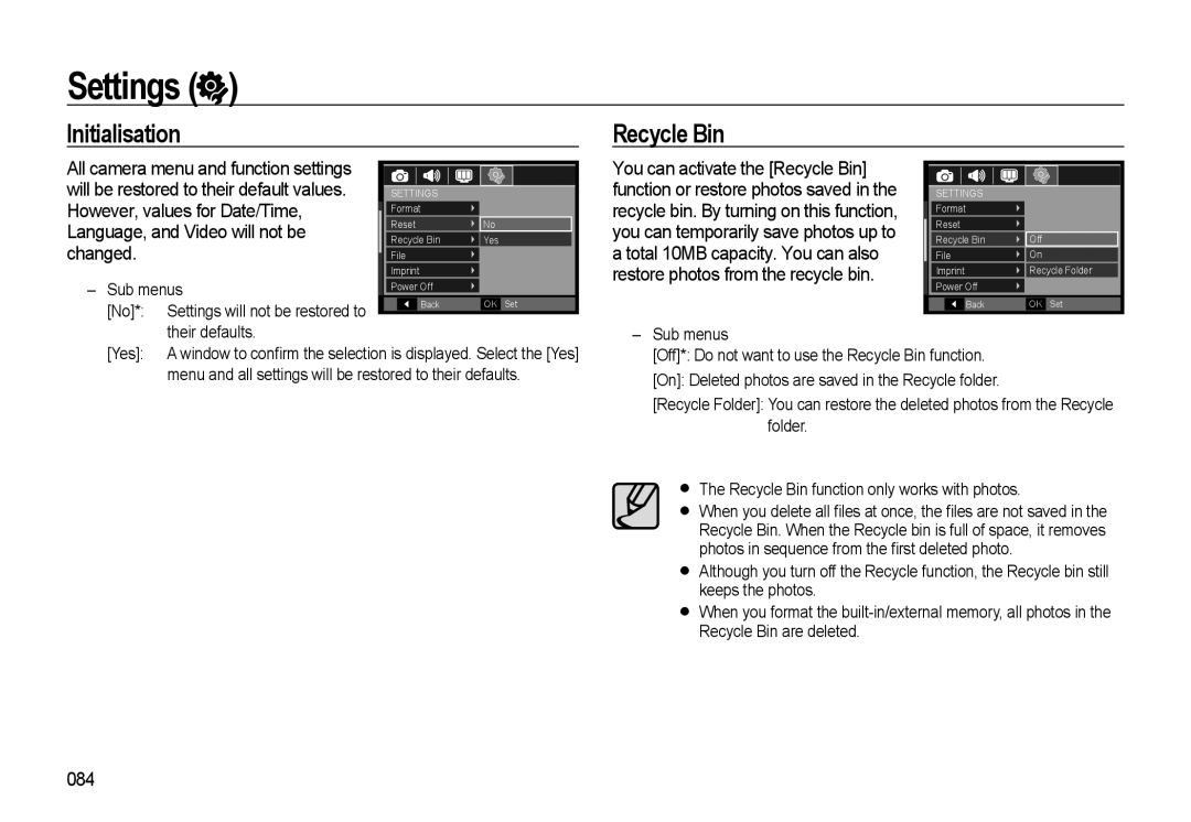 Samsung WB500 Initialisation Recycle Bin, 084, Their defaults, Menu and all settings will be restored to their defaults 