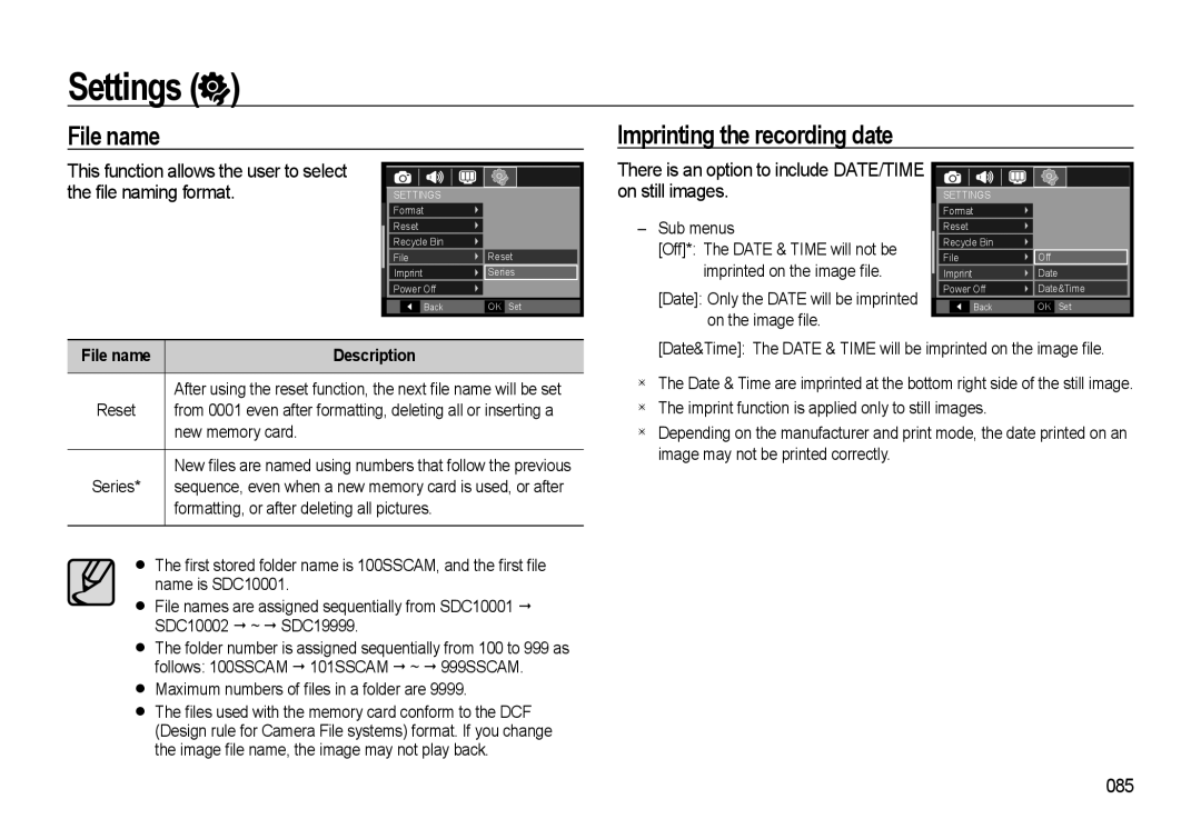 Samsung WB500 manual File name Imprinting the recording date, There is an option to include DATE/TIME on still images, 085 