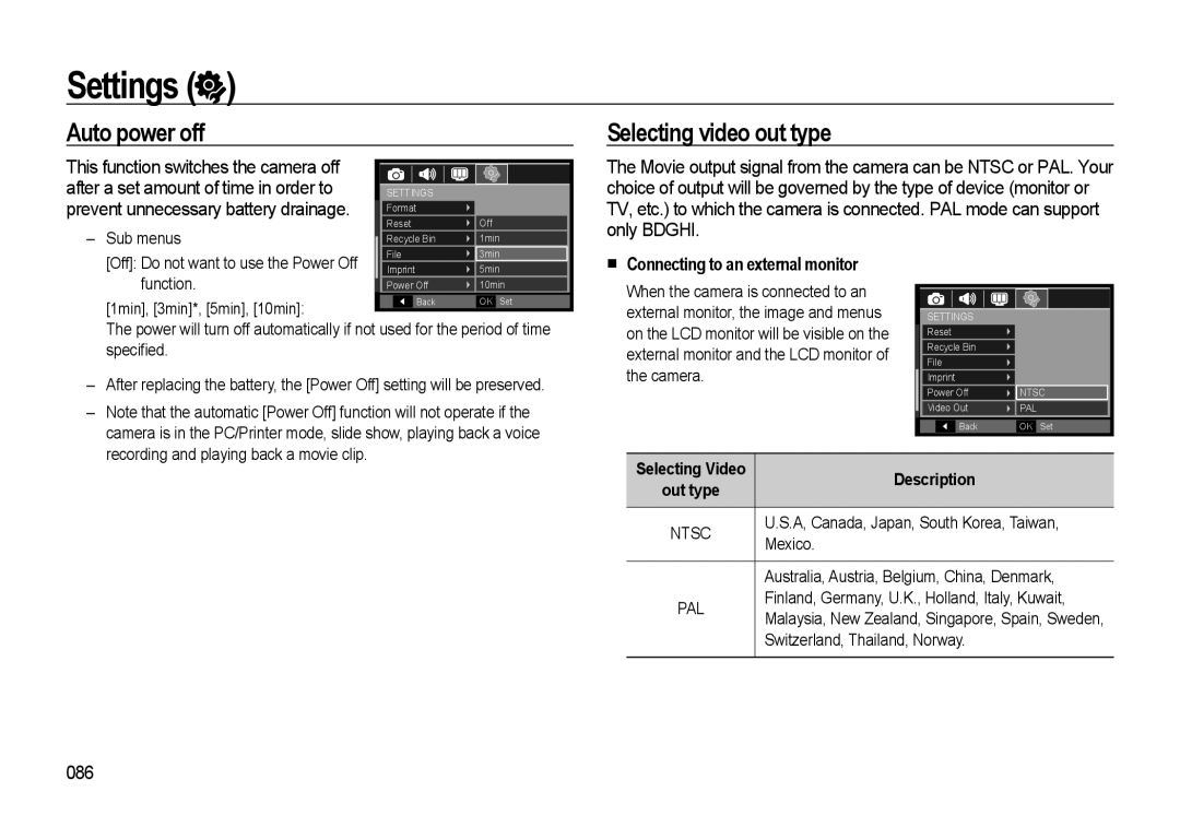 Samsung WB500 manual Selecting video out type, „ Connecting to an external monitor, 086 