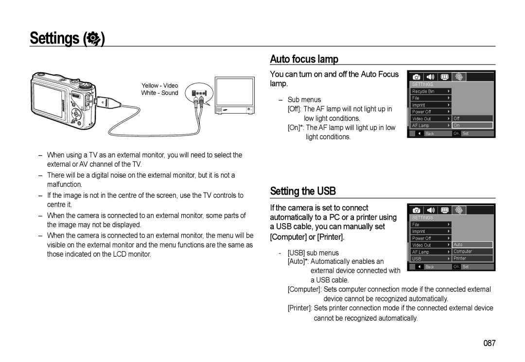 Samsung WB500 Auto focus lamp, Setting the USB, You can turn on and off the Auto Focus lamp, Computer or Printer, 087 