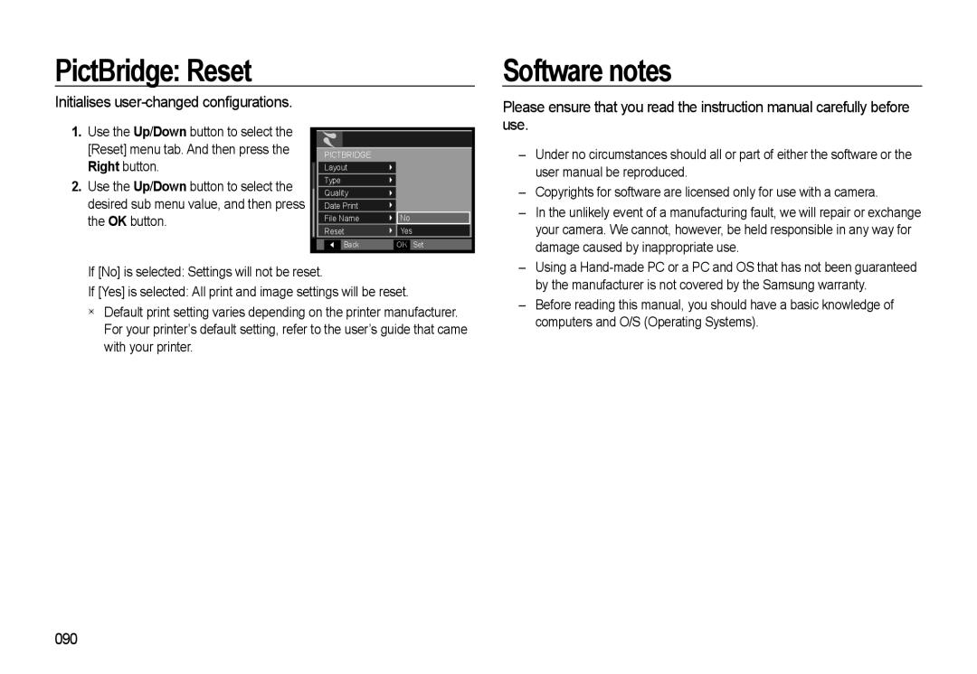 Samsung WB500 manual PictBridge Reset, Software notes, Initialises user-changed con¿gurations, 090 