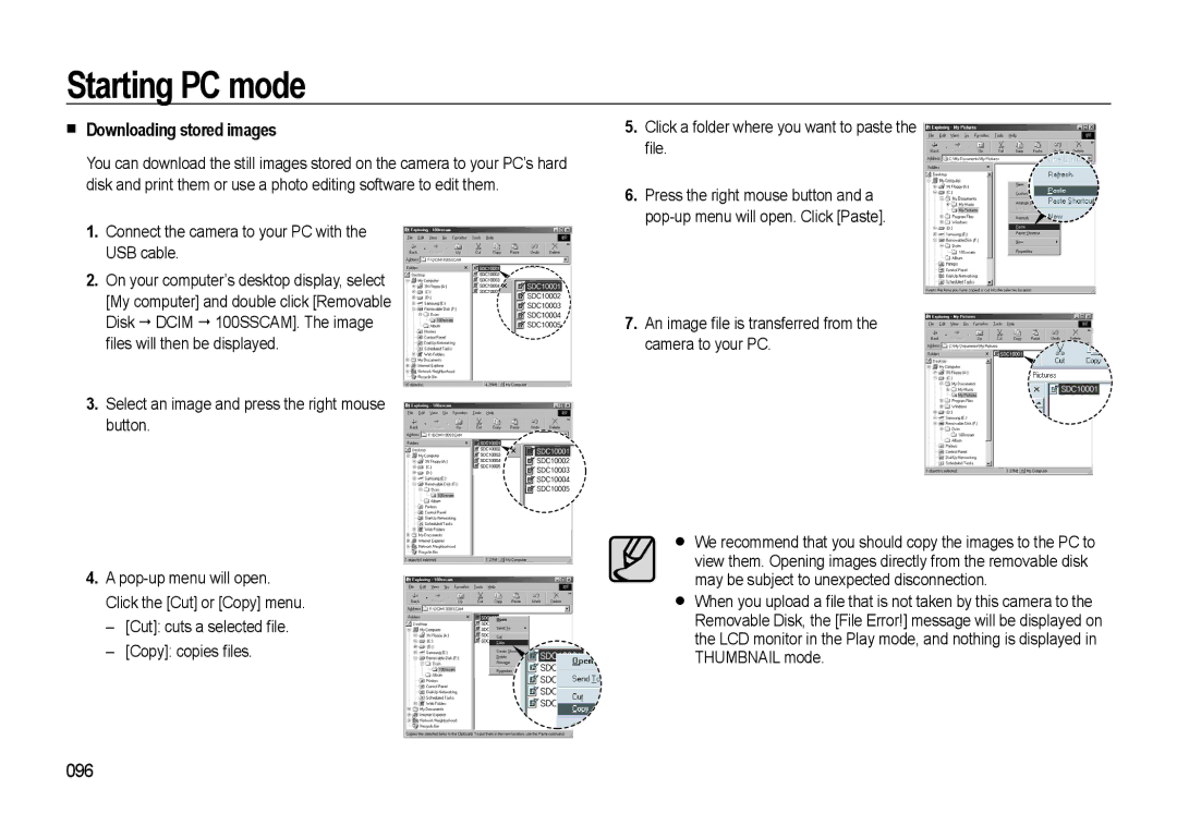 Samsung WB500 manual „ Downloading stored images, 096, Connect the camera to your PC with the USB cable 