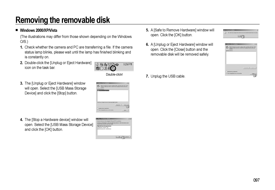 Samsung WB500 manual Removing the removable disk, „ Windows 2000/XP/Vista, 097, Unplug the USB cable 