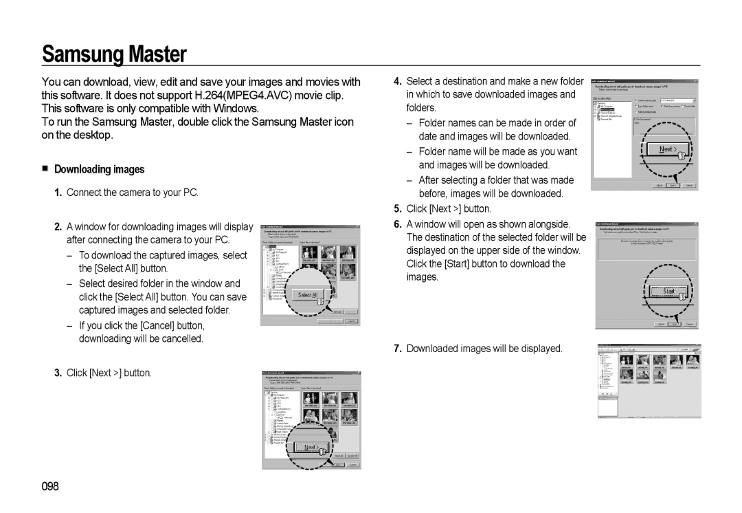 Samsung WB500 manual Samsung Master, „ Downloading images, 098, Connect the camera to your PC 