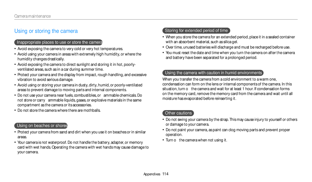 Samsung WB50F, WB52F, WB51F user manual Using or storing the camera 