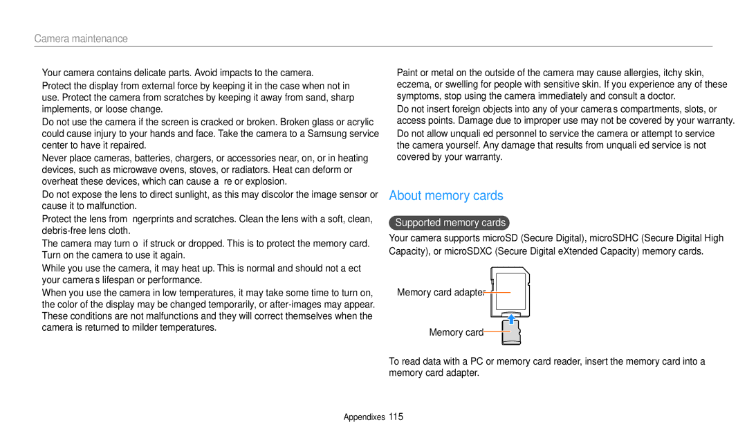 Samsung WB51F, WB52F, WB50F user manual About memory cards, Supported memory cards 