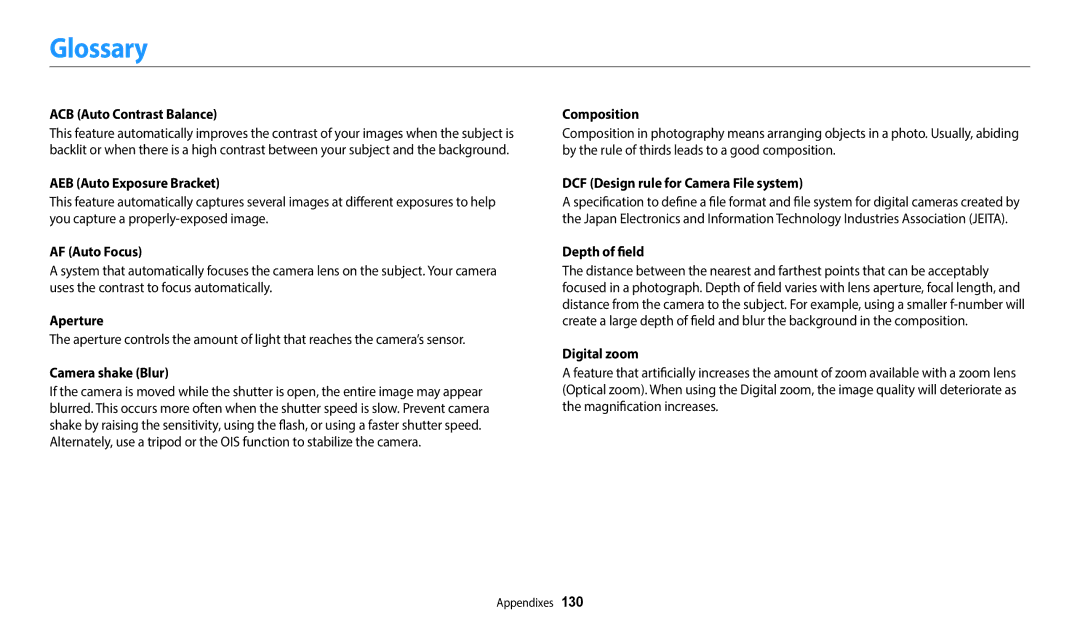 Samsung WB51F, WB52F, WB50F user manual Glossary 