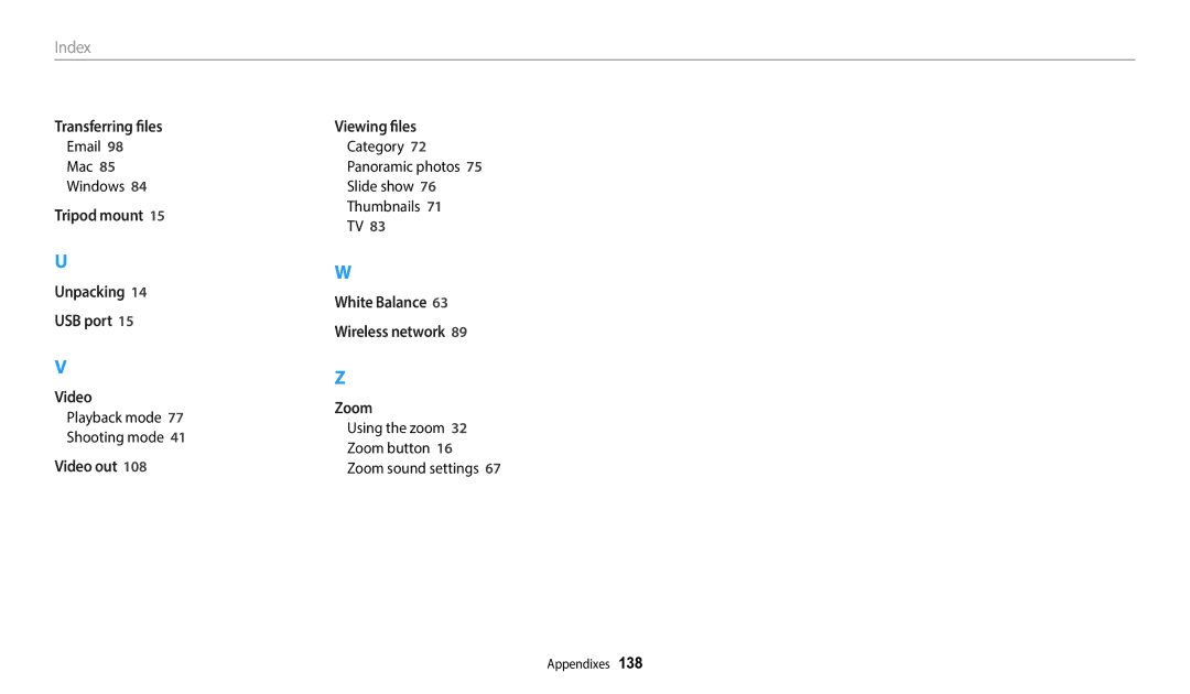 Samsung WB50F, WB52F, WB51F user manual Mac Windows, Category 72 Panoramic photos 75 Slide show 76 Thumbnails 